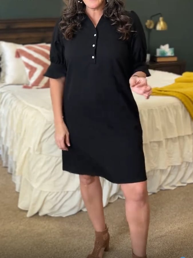 Women'S V-Neck Lotus Sleeve Cotton And Linen Dress
