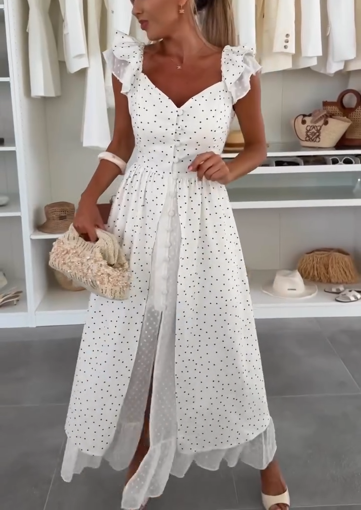 Polka Dot Ruffle Sleeve Midi Dress with Double Layer