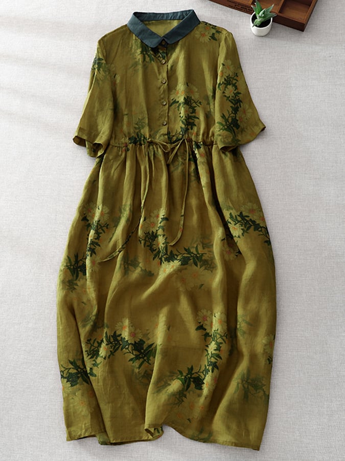 Printed Lapel Simple Cotton Linen Dress