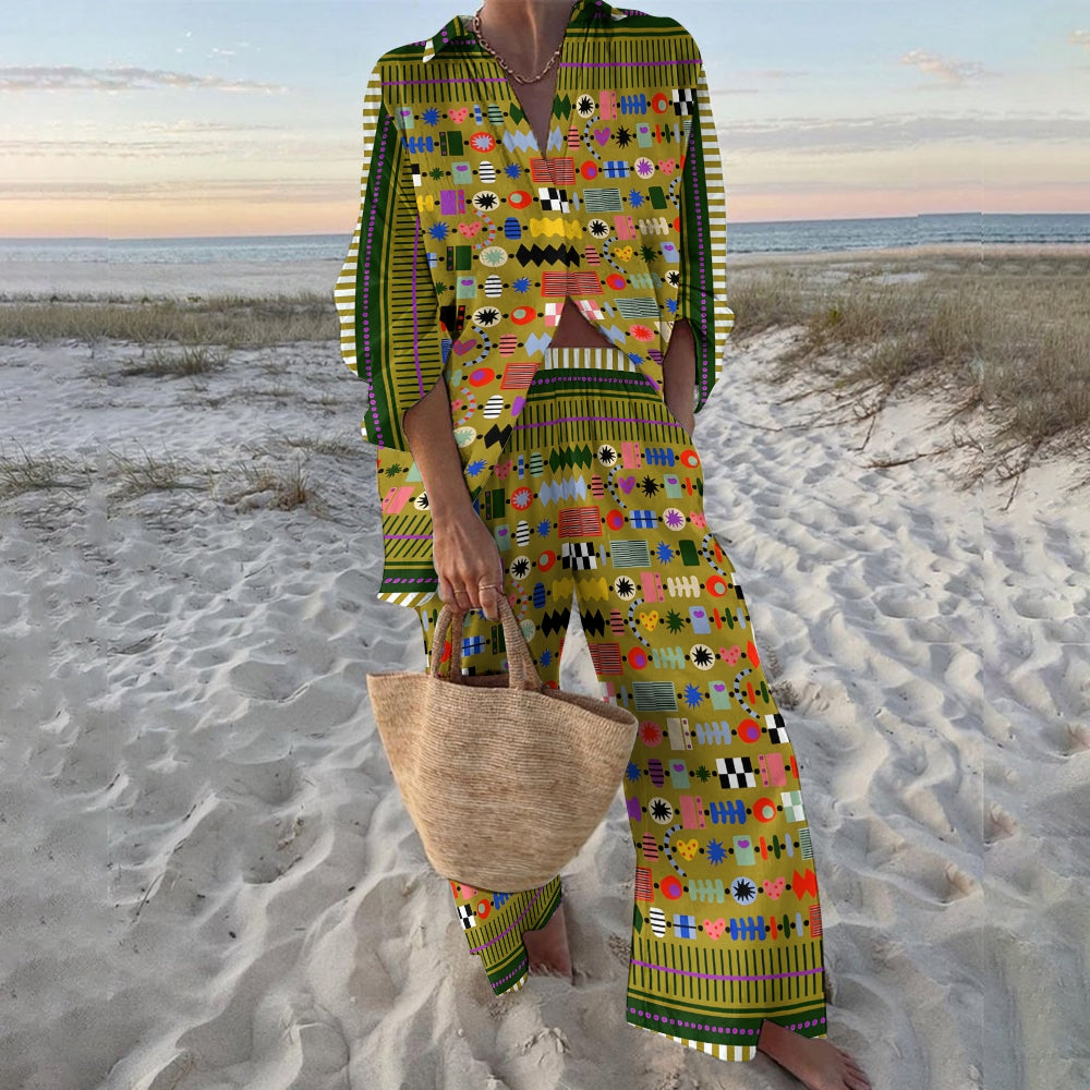 Women's Colorful Geometric Pattern Printed Shirt & Pants Two-piece Set