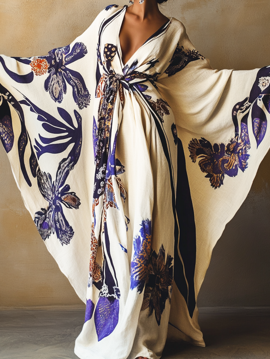 Women's Purple Peony Kimono Linen Robe (Including Belt)