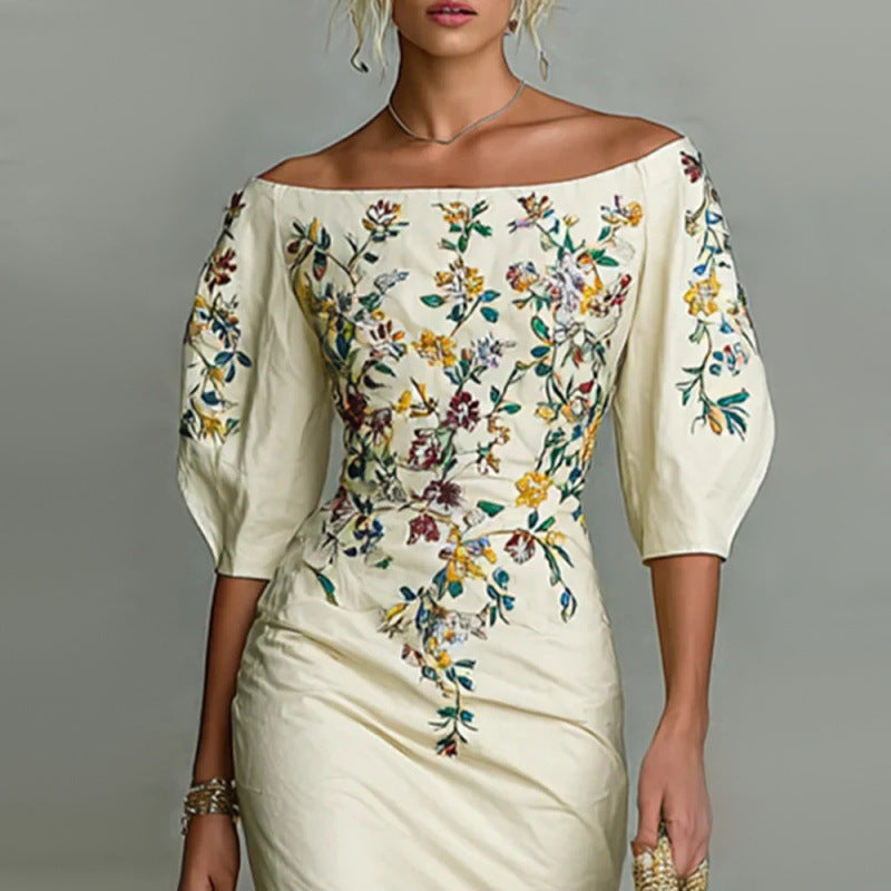 Elegant One-Shoulder Five-Quarter Sleeve Waist-Covering Hip Dress