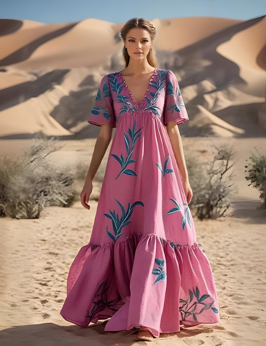 Simple Rose Oversized Print Cotton Midi Dresses