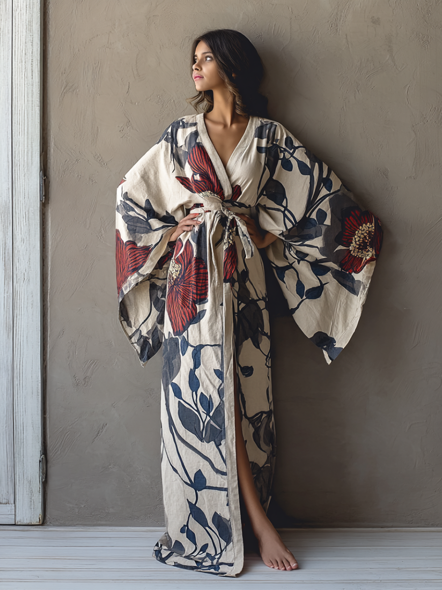 Women's Black and Red Floral Kimono Linen Robe (Including Belt)