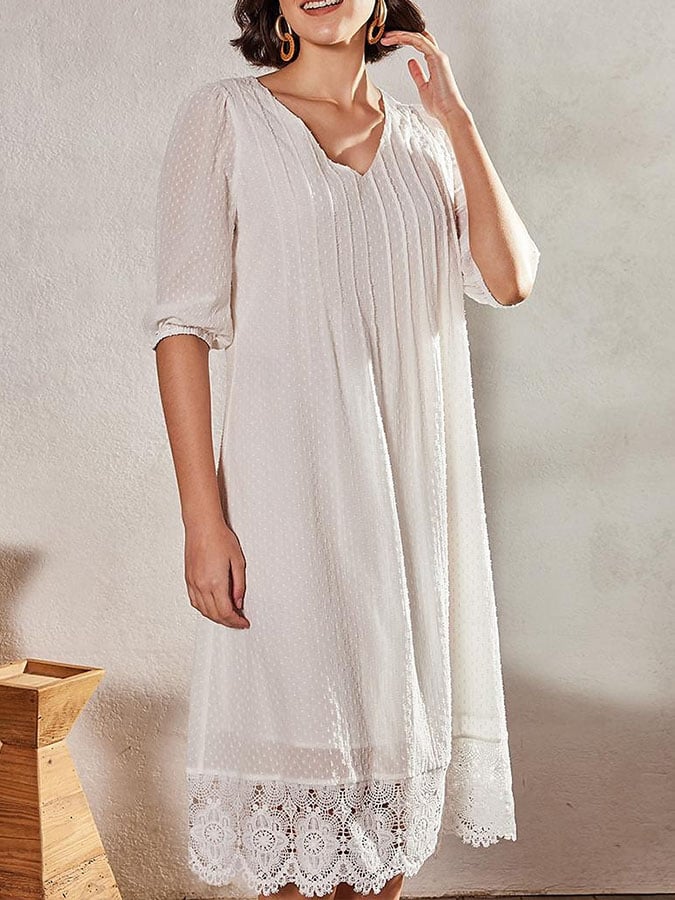 Women's Casual V-neck Solid Color Mid-length Sleeve Pleated Lace Splicing Dress