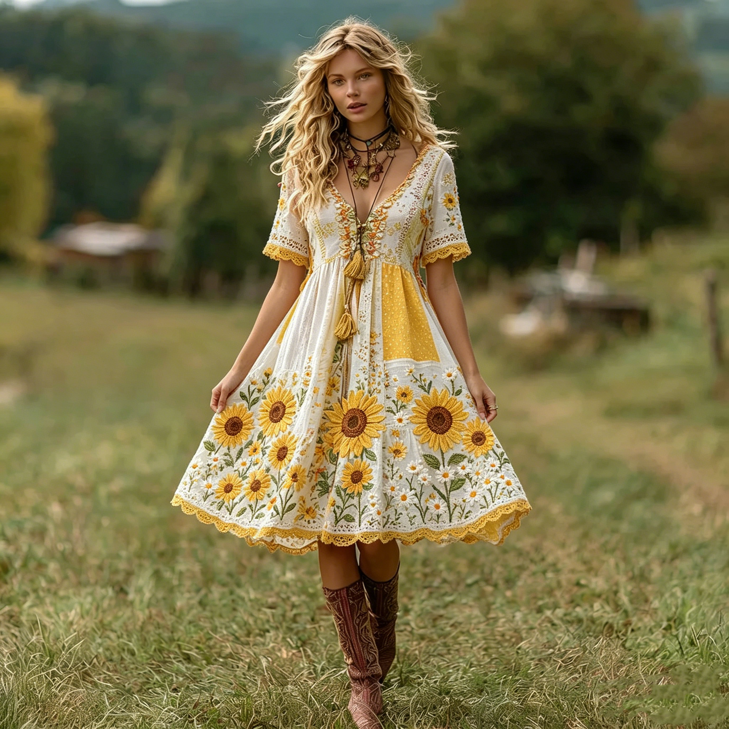 Women's Sunflower Boho Midi Dress