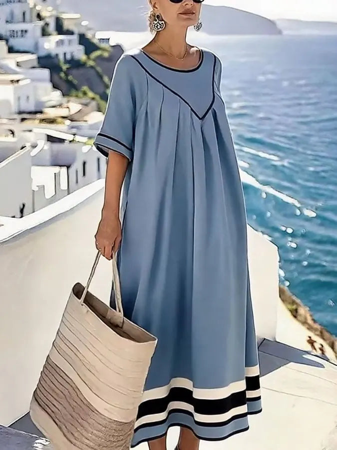 Women'S Round Neck Short Sleeve Striped Printed Cotton And Linen Dress