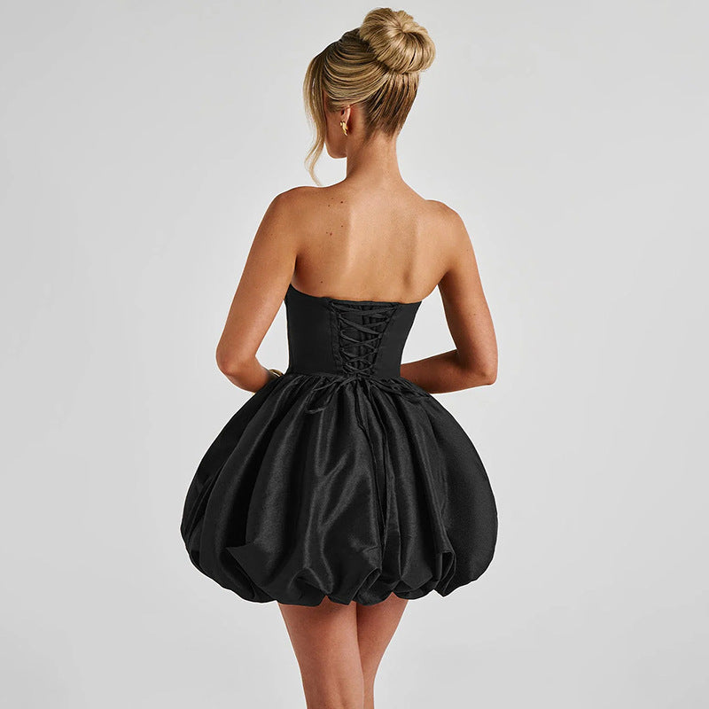 Strapless Bubble Hem Homecoming Dress with Back Bow
