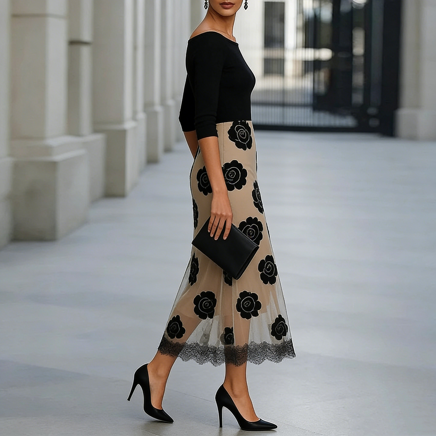 Elegant Off-Shoulder Top & Floral Lace-Hem Midi Skirt Set