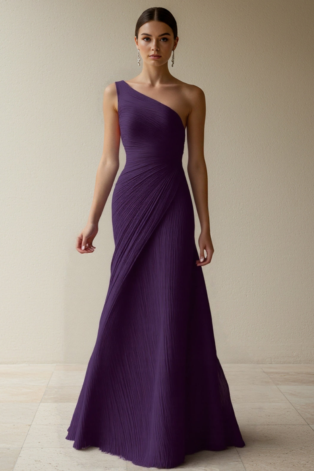 One Shoulder Pleated Maxi Dress Flowy Bodycon Gown Darted Waist Wedding Guest Dress