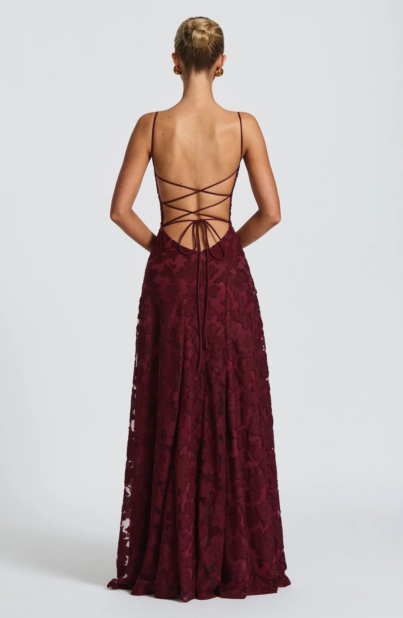 The Blooming Grace Gown – Burgundy Floral Lace Evening Dress