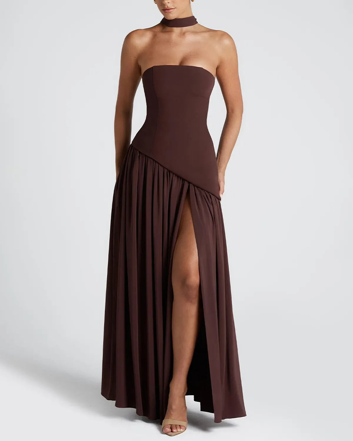 Elegant Vintage Sheath High Split Tea Solid/Black and White Colorblock Maxi Dress
