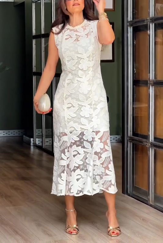 White Floral Lace Mermaid Midi Dress