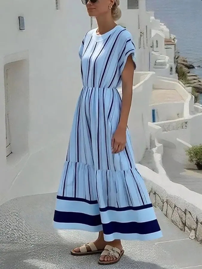 Women's Holiday Round Neck Short Sleeve Striped Printed Cotton and Linen Dress