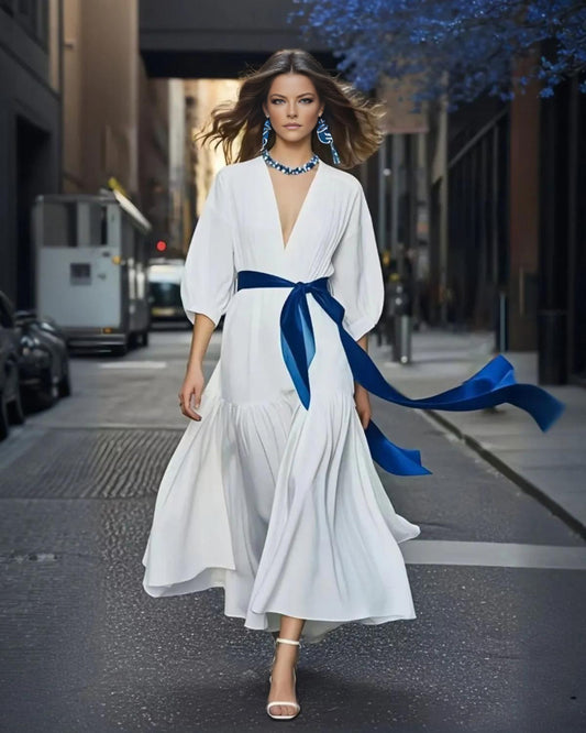 French White Cinched Chiffon Work Dress Bracelet Sleeve