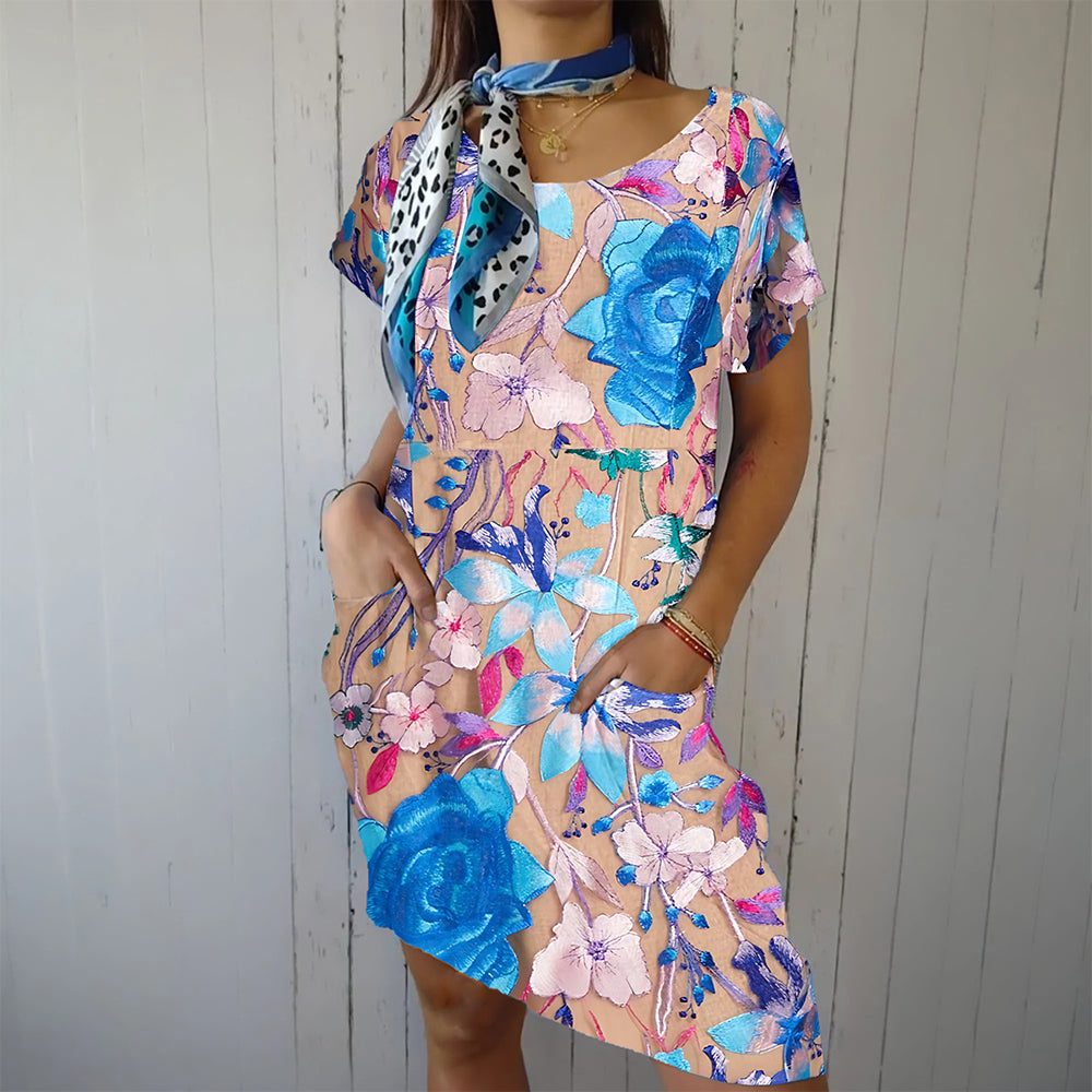 Women's Cotton and Linen Round Neck Vintage colorful floral pattern Dress