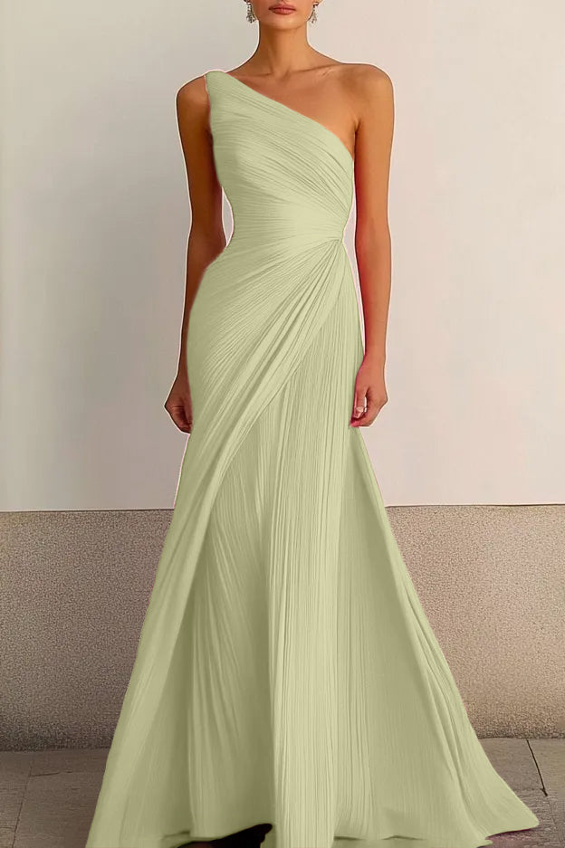 One Shoulder Pleated Maxi Dress Flowy Bodycon Gown Darted Waist Wedding Guest Dress