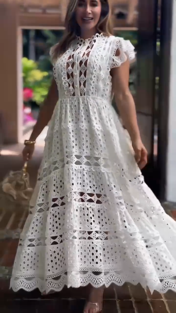 Bohemian Short Sleeve Tiered Lace Maxi Dress