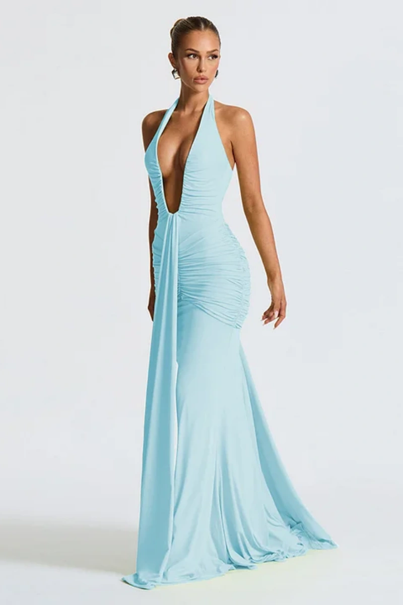 Solid Color Halterneck V-neck Open Back Tie Gathered Maxi Dress