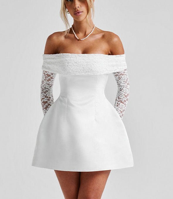 Off-Shoulder Lace Sleeve Satin Homecoming Dress