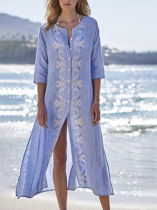 Women's Casual Solid Color Round Neck Short Sleeve Floral Print Button Dress
