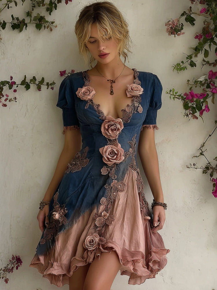 Women's Elegant Pink Roses Embroidered Art Patchwork V-neck Short Sleeve Mini Dress