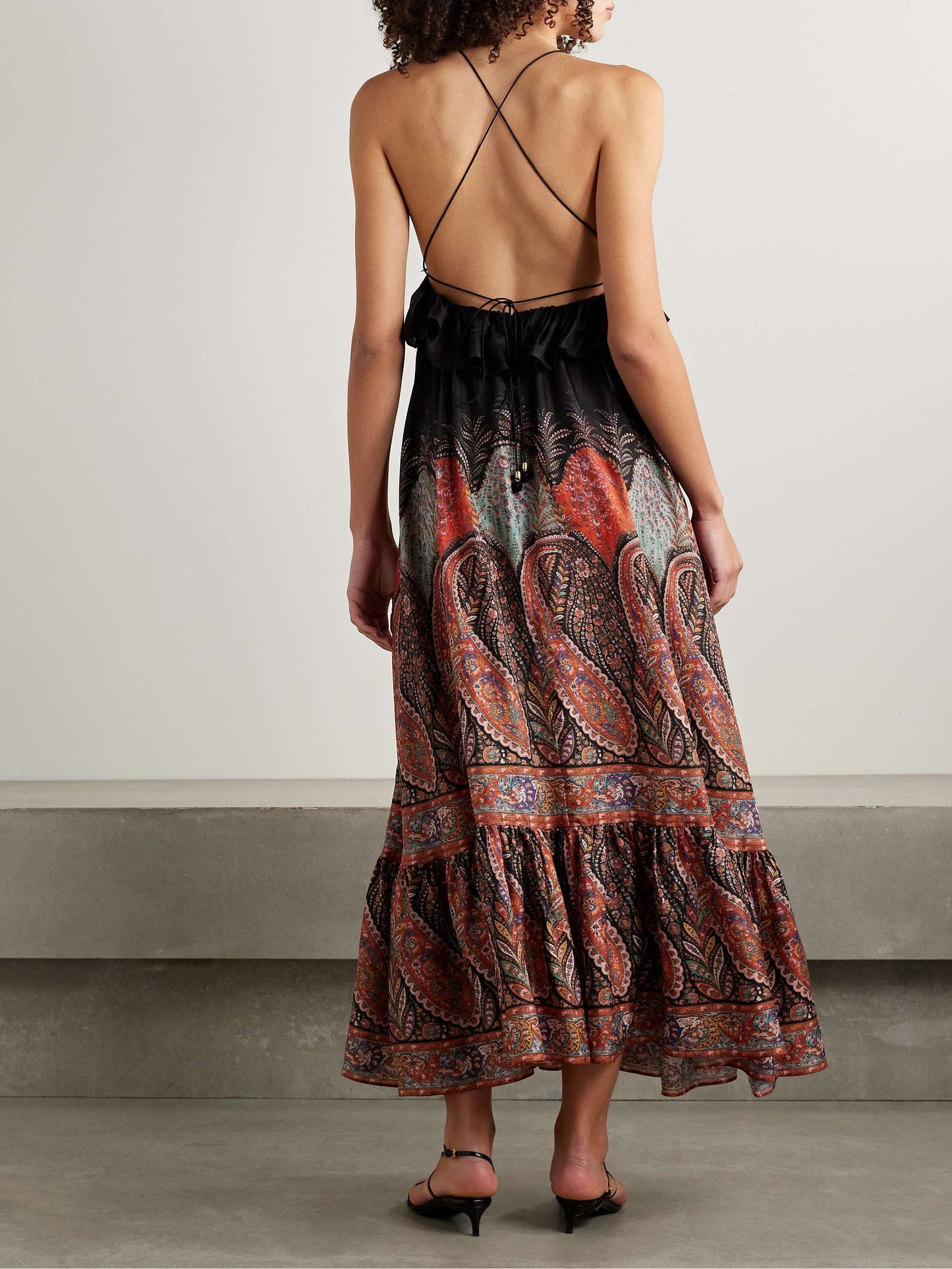 Ruffled Paisley-Print Silk Midi Dress