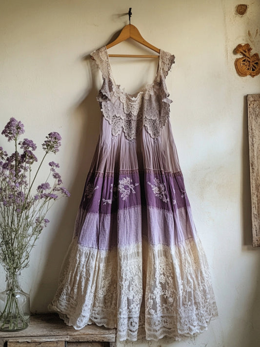 Boho Lavender Embroidered Pattern Lace Linen Dress