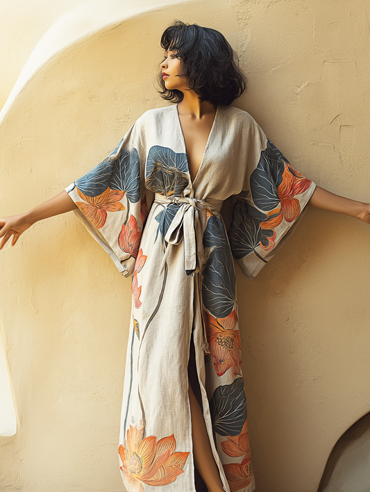 Women's Lotus Leaf Kimono Linen Robe (Including Belt)