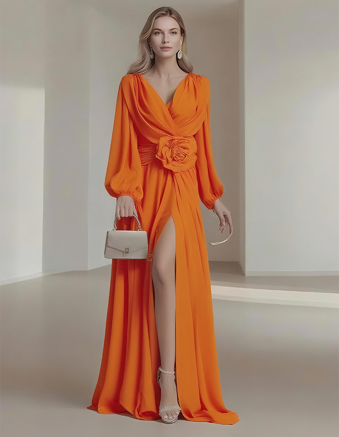Flower Pleated Chiffon Wedding Dress Long Buff Sleeve Flowy V-neck Maxi Dress