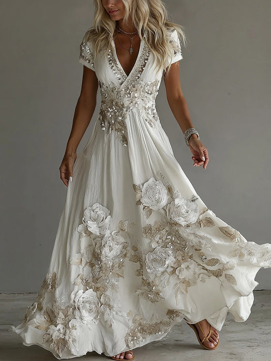 Women's Vintage Boho Floral Art  Short-sleeved Maxi Dress