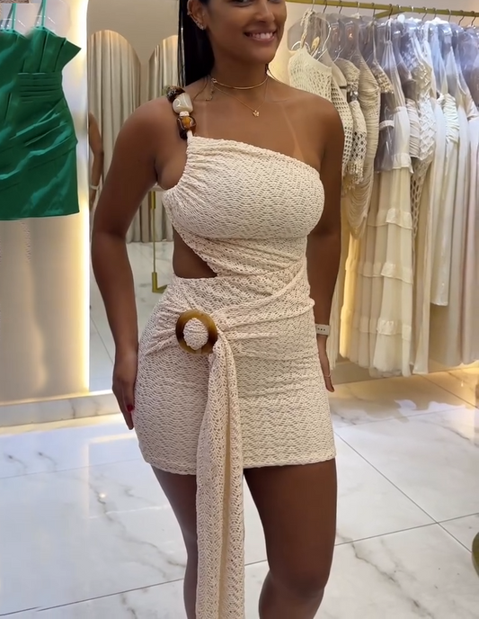Beige Knit One-Shoulder Cutout Bodycon Mini Dress