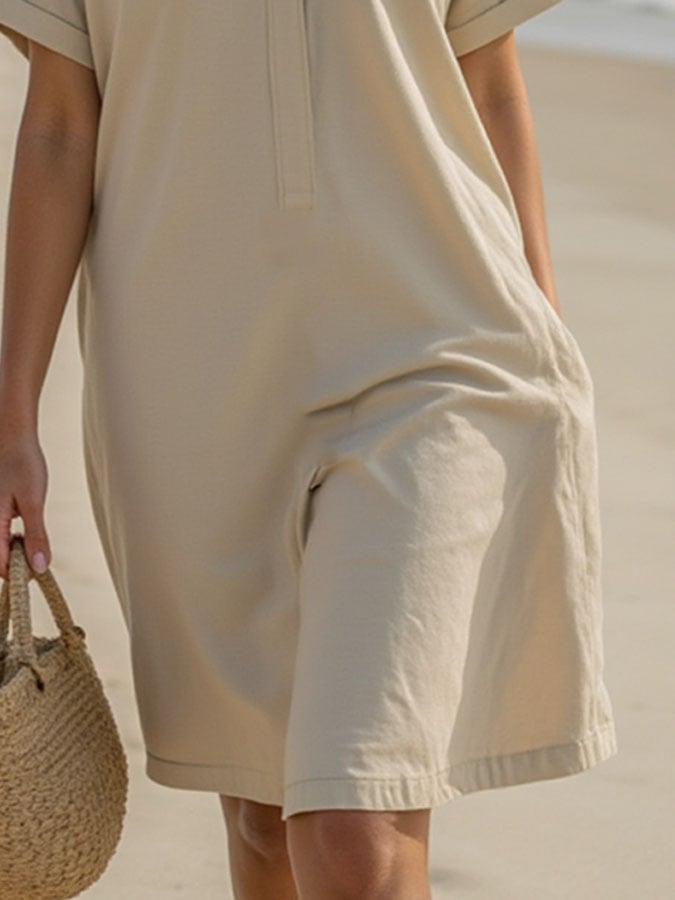 Women's Casual Solid Color V-Neck Loose Short Sleeve Dress