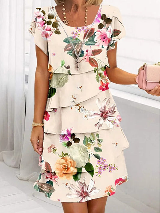 Floral Print Crew Neck Multi Layered Midi Dress