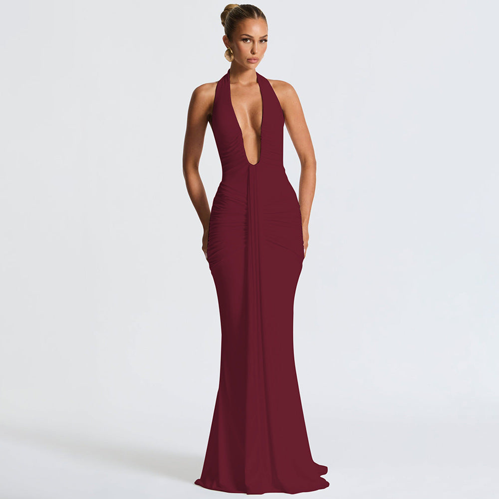 Solid Color Halterneck V-neck Open Back Tie Gathered Maxi Dress