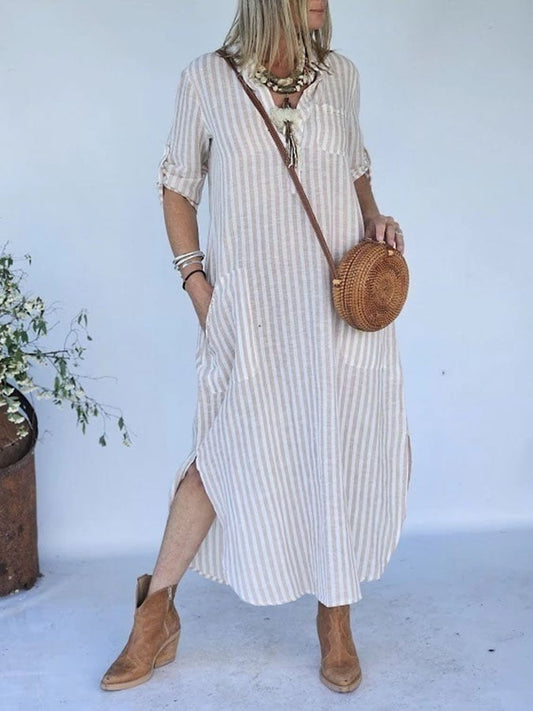 Women's Casual Vintage Striped Shirt Dress