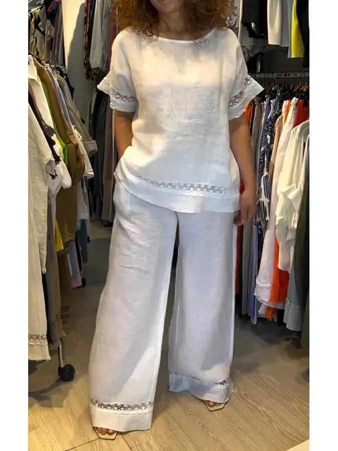 Women's casual round neck lace patchwork short sleeve shirt suit