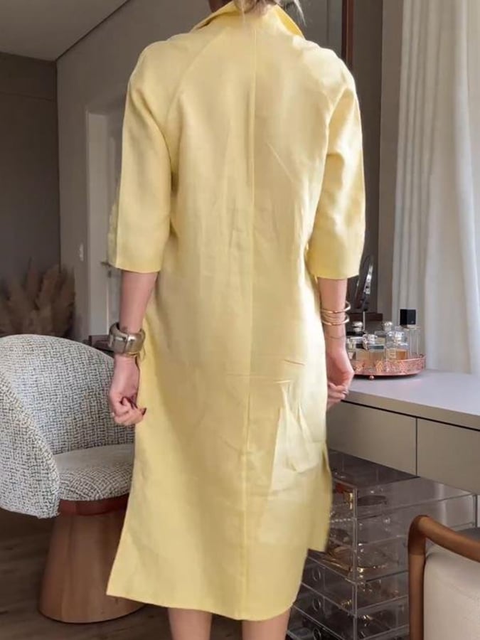 Ladies V-Neck Slit Loose Cotton And Linen Dress