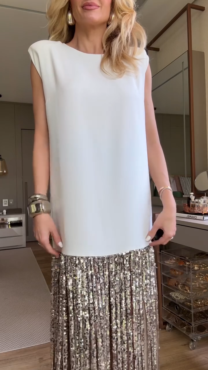 White & Silver Sequin Fringe Shift Midi Dress