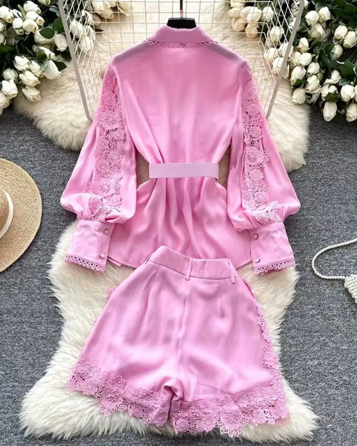 Elegant Fashion Lace Hollow Embroidery Splicing Cotton Lapel Short-Sleeved Shirt Pants Suit Brand 1:1 Replication