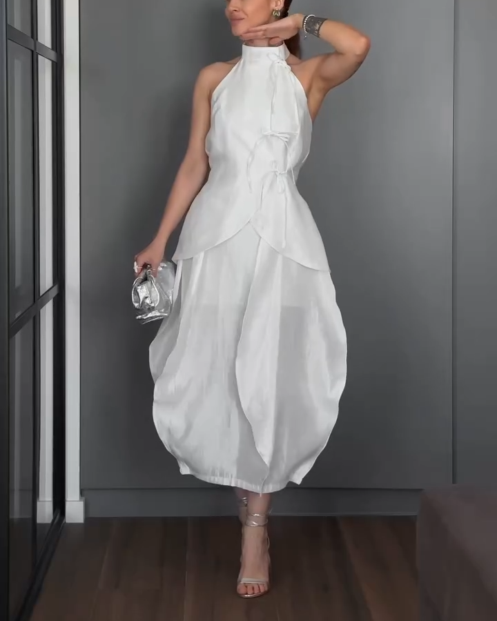 White Halter Neck Tie-Front Two-Piece Midi Set