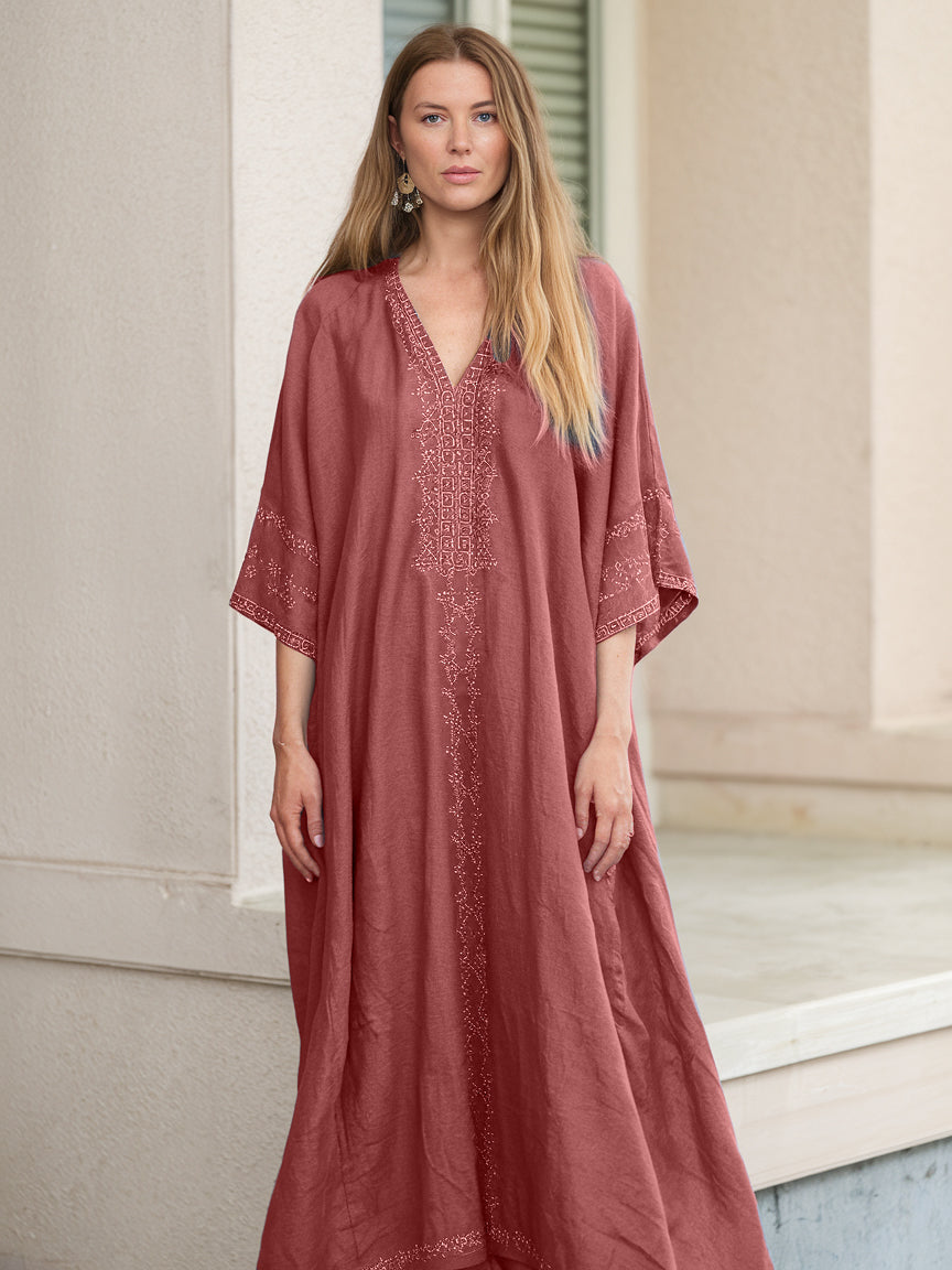 Contton & Linen  Long Sleeve  Kaftan Maxi Dress