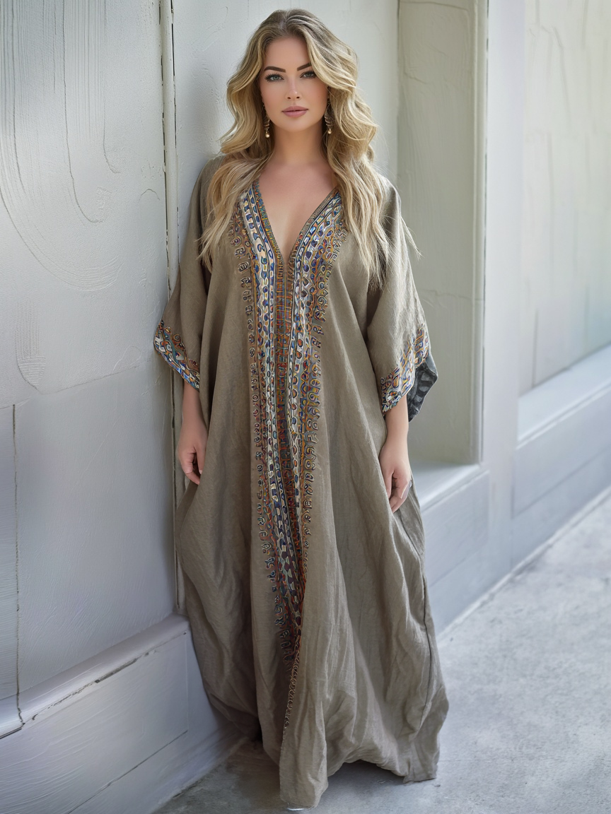 Contton & Linen  Long Sleeve  Kaftan Maxi Dress