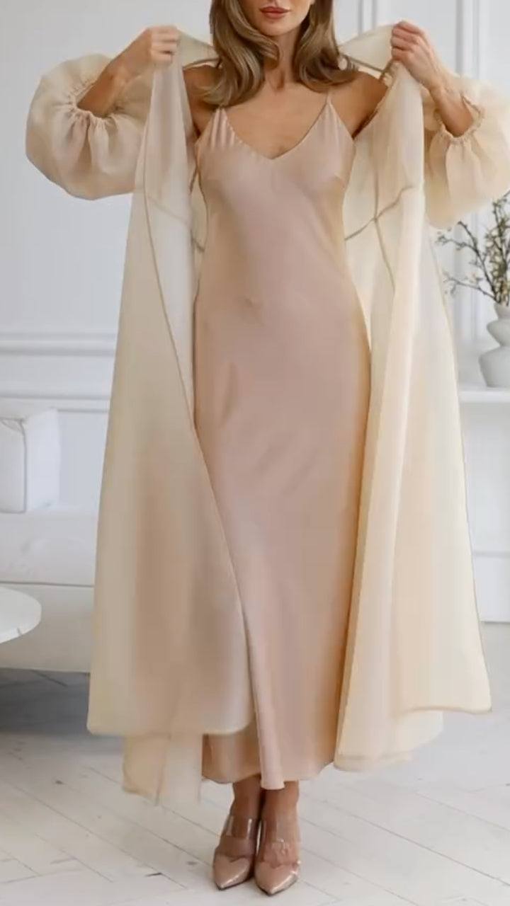 Two Piece Champagne Satin Midi Dress with Organza Puff Sleeve Cardigan
