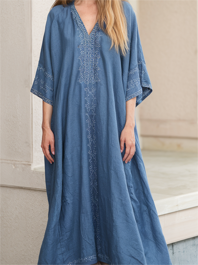 Contton & Linen  Long Sleeve  Kaftan Maxi Dress