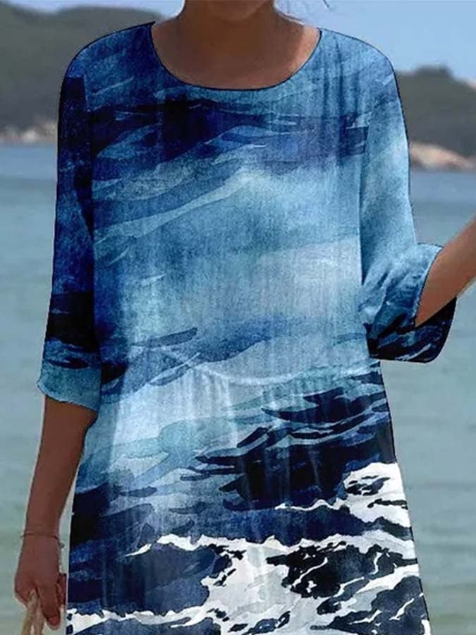 Women's Casual  Round Neck Mid Sleeve Print Cotton and Linen Dress