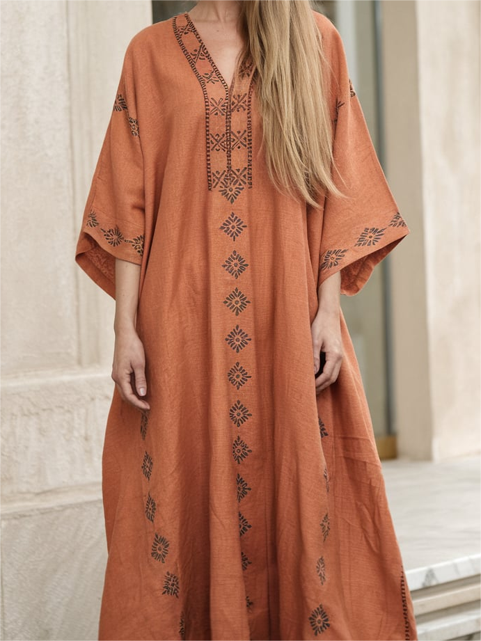 Contton & Linen Long Sleeve Kaftan Maxi Dress