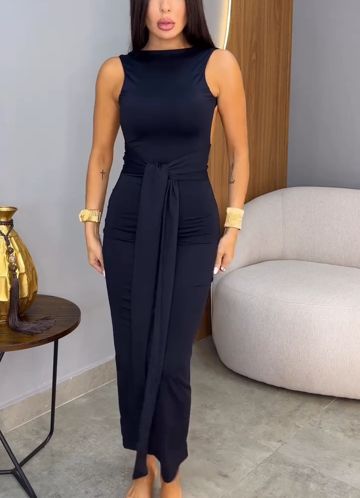 High-Neck Wrap-Tie Waist Bodycon Maxi Dress