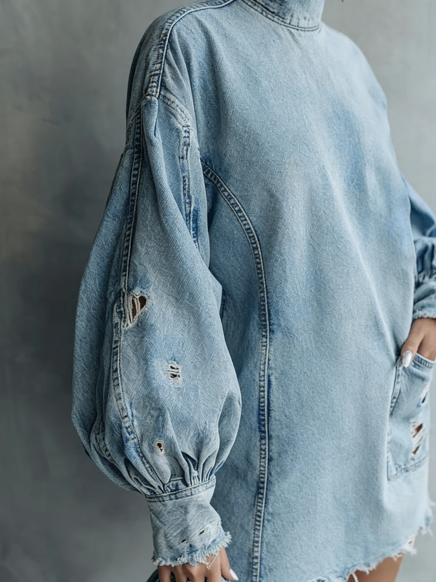 Distressed Denim High-Neck Mini Dress