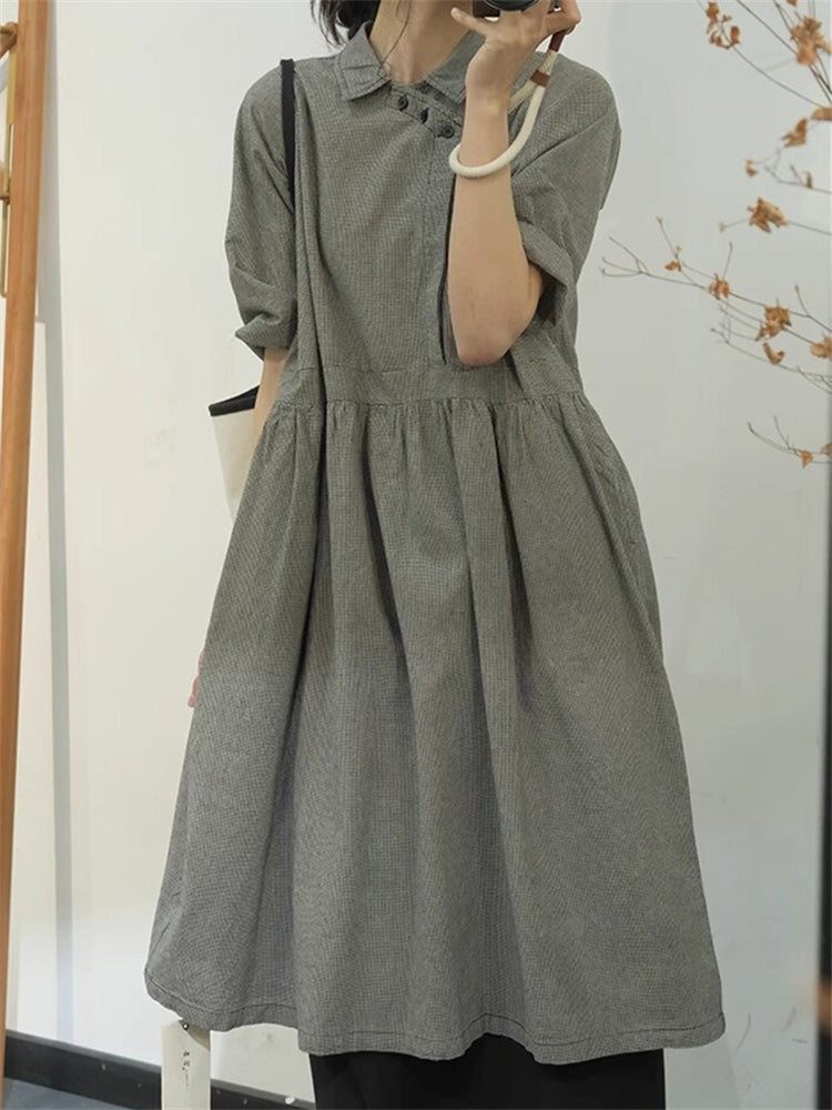 Vintage Check Pleated Linen Blend Midi Dress